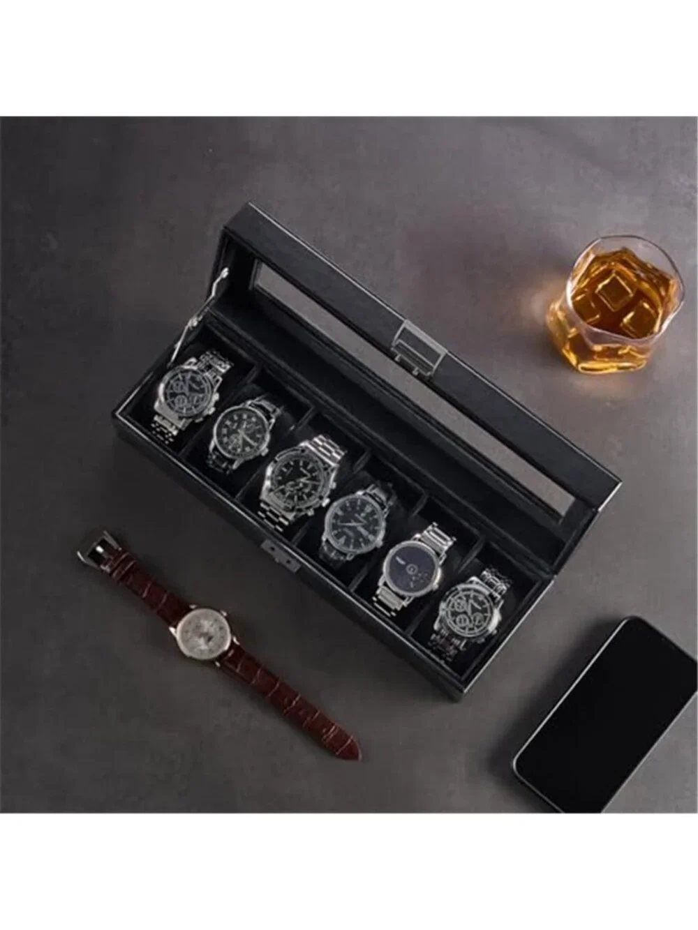 6 Slots Watch Case Box for Men AllBlack